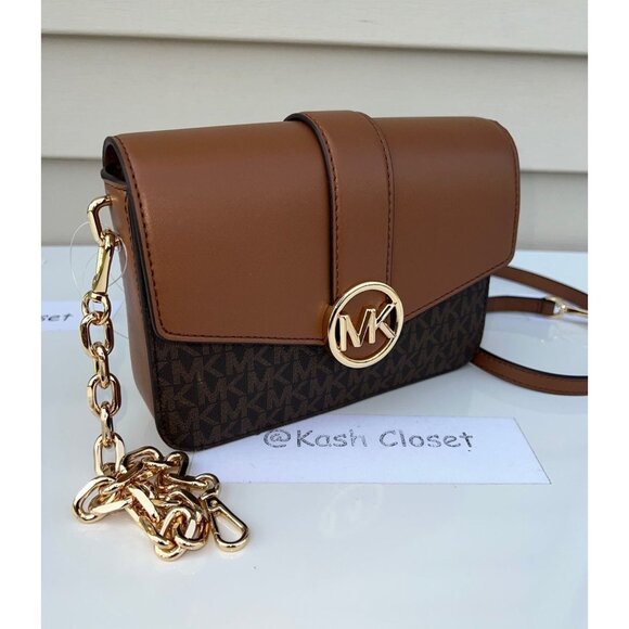 Michael Kors crossbody shoulder bag carmen small monogram flap purse brown - Picture 3 of 12